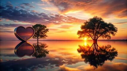 Wall Mural - Heart-Shaped Box Reflecting Sunset & Silhouetted Tree in Calm Water - Minimalist Photography