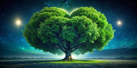 Canvas Print - Heart Shaped Green Tree Night Photography - Romantic Nature Scene