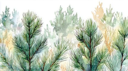 Poster - Elegant watercolor illustration of evergreen trees set against a soft background, showcasing nature's beauty and tranquility in vibrant green hues.