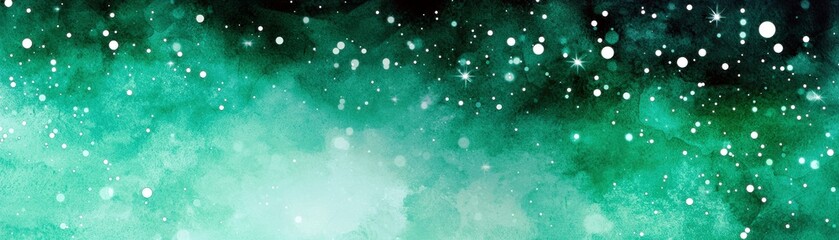 Poster - Ethereal green and teal cosmic background with shimmering stars and soft clouds for creative design and artistic projects, ideal for a dreamy atmosphere