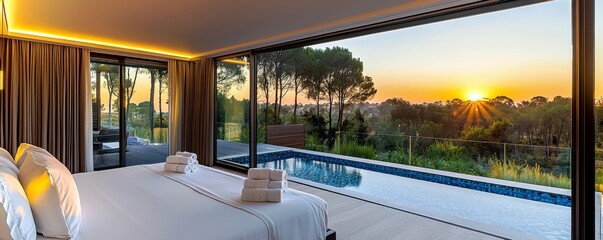 Poster - Modern luxury bedroom with panoramic view of sunrise over serene landscape and swimming pool surrounded by greenery in contemporary design