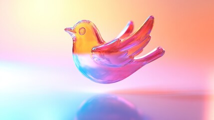 Poster - Colorful Glass Bird Figurine with Vibrant Swirling Hues on Soft Gradient Background, Symbolizing Freedom and Joy in Artistic Decor