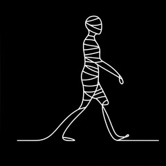 Poster - Abstract line art of a walking person on black background, single line vector outline drawing