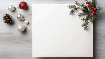 Wall Mural - Eco-Friendly Christmas Greeting Card Mockup with Festive Decorations on White Paper