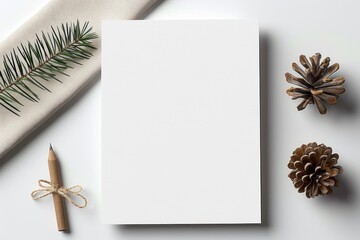 Wall Mural - Eco-Friendly Christmas Greeting Card Mock-Up with White Blank Paper and Festive Decorations for the Holidays