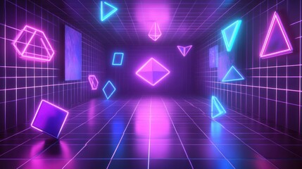 Fototapete - Neon Geometric Shapes in Futuristic Environment with Glowing Light Effects and Reflections on a Dark Grid Background for Abstract Art Projects