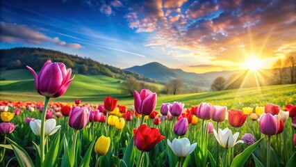 Wall Mural - Vibrant tulip flowers blooming in a lush green meadow with a serene landscape and gentle breeze , spring, green, spring, green