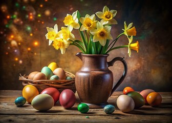 Wall Mural - Low Light Still Life: Jug of Narcissus & Easter Eggs