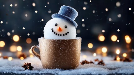 Wall Mural - Cozy Christmas Treat: Snowman in a Cup of Hot Chocolate Drink - Festive Food Art