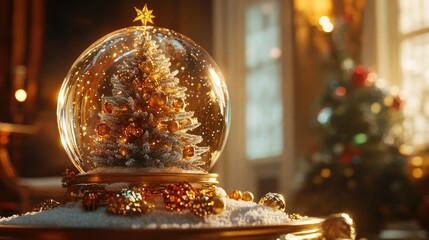 Fototapete - Artistic snow globe with a snow-dusted Christmas tree and gold embellishments, set in a luxurious and warm festive scene.