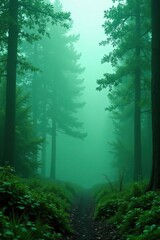 ancient green smoke rises high into the foggy forest, natural, eerie