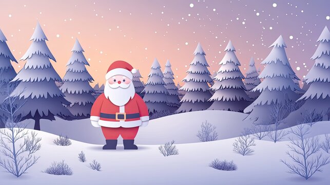 Santa Claus in a minimalist paper-cut style amidst a snowy forest, with a subtle gradient background of twilight.