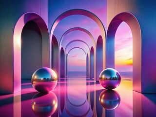 Wall Mural - surreal minimalist 3d sphere double exposure: pink purple arches