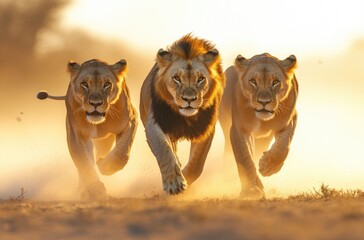 Poster - A lion and two lions run forward, facing the camera