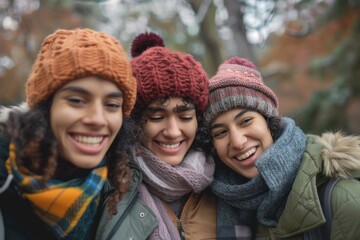 Portrait of a group of smiling friends in winter clothes looking at camera