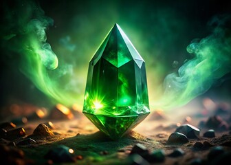 Wall Mural - Mystical Green Crystals Emerging from Smoky Depths - Minimalist Photography