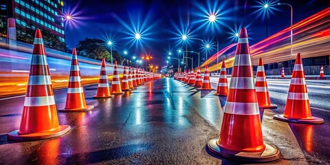 Wall Mural - Night Photography: Illuminated Traffic Cones on Asphalt Road