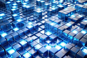 Wall Mural - Panoramic 3D Render: Glowing White & Blue Cubes Grid, Bright Tech Background