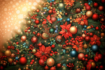 Wall Mural - a christmas tree with many red and green ornaments