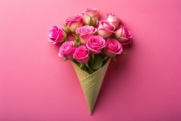 Wall Mural - Pink Background Flat Lay: Romantic Roses Bouquet in Cone