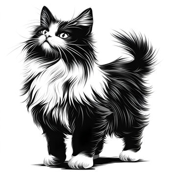 Black and white vector illustration of a fluffy, long-haired cat in a full-body standing pose. 