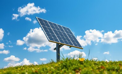 Wall Mural - Small solar panel against blue sky and some white clouds on a beautiful day copy space left of image innovative solar panel innovation power electricity energy technology panel renewable