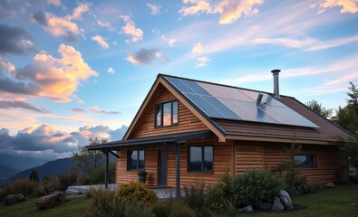 Wall Mural - Eco friendly passive house with photovoltaic system and solar panels on gable roof innovative solar panel innovation power electricity energy technology panel renewable