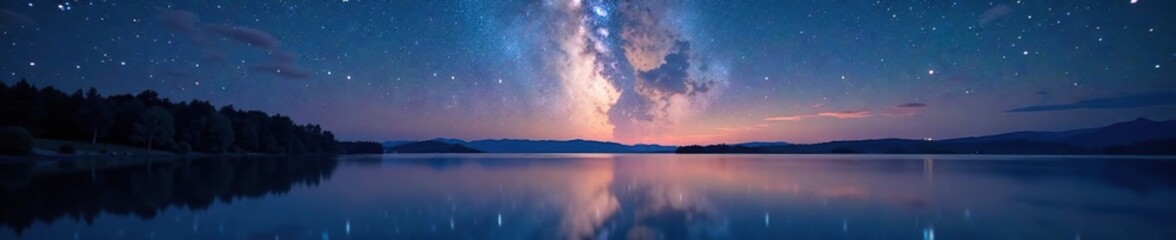 Wall Mural - stretched milky way over serene lake waters at dusk, water, stars
