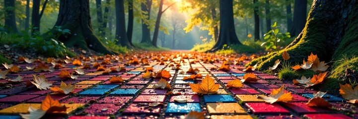 Wall Mural - Forest floor with colorful rectangles and fallen leaves, mosaic, forest, woods