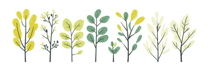 Set of tree and leaf collection hand drawn flat design vector element. botanical set of bare trees and ones with leaves and lush green