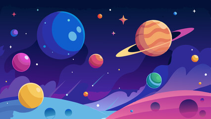 Wall Mural - galaxy-inspired seamless pattern of planets and scattered starry elements.