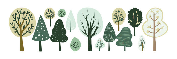 set of tree and leaf collection hand drawn flat design vector element. botanical set of bare trees a