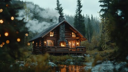 Wall Mural - Cozy Log Cabin in Snowy Winter Forest with Fireplace and Stream Nearby