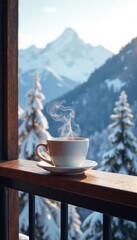 Sticker - A soft white mist rises from a solitary cup of coffee on a balcony railing overlooking the snowy mountain range and trees, snowy trees, peaceful