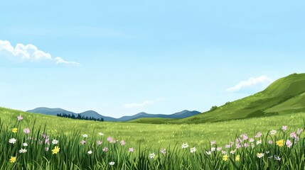 Canvas Print - Lush Green Meadow with Blooming Daisies and Majestic Mountain Landscape Under Bright Sky