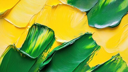 Wall Mural - energetic brushstrokes - close-up of dynamic abstract painting with green and yellow oil palette kni