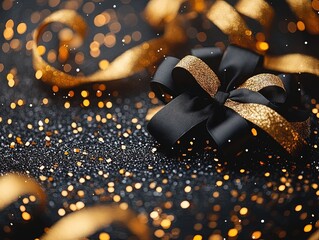 Wall Mural - A festive black gift box adorned with a golden bow, surrounded by shimmering gold ribbons and sparkles.