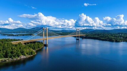 Wall Mural - Majestic Suspension Bridge Crossing Scenic River and Mountain Landscape