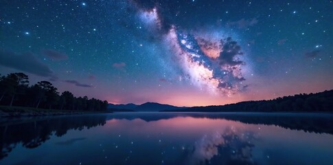 Wall Mural - stretched milky way over serene lake waters at dusk, night sky, nature