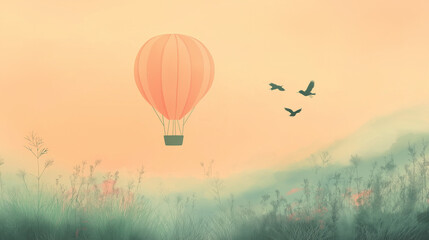  A pastel-toned hot air balloon floating above a gentle countryside