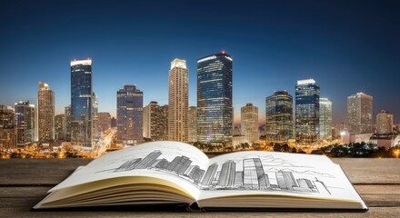 Open book with city sketch overlaying modern skyline background