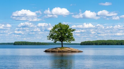 Poster - Serene Solitary Island in Tranquil Lake Surrounded by Lush Forests and Dramatic Cloudy Sky