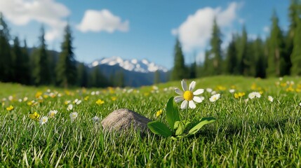 Wall Mural - Serene Mountain Meadow with Blooming Wildflowers in Scenic Alpine Landscape