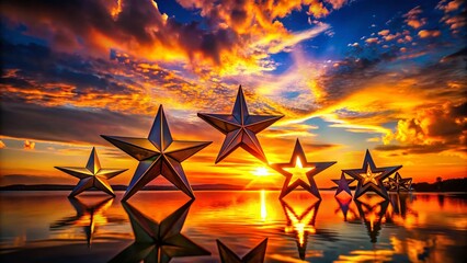 Wall Mural - Silhouette of 3D Stars Against a Vibrant Sunset