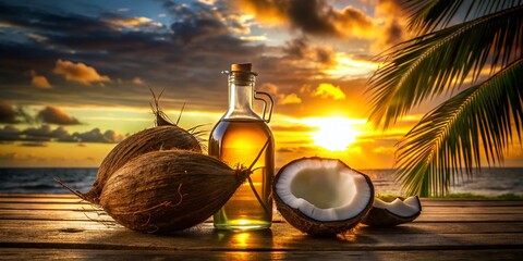 Wall Mural - Silhouette of Coconut Oil Bottle & Coconut at Sunset