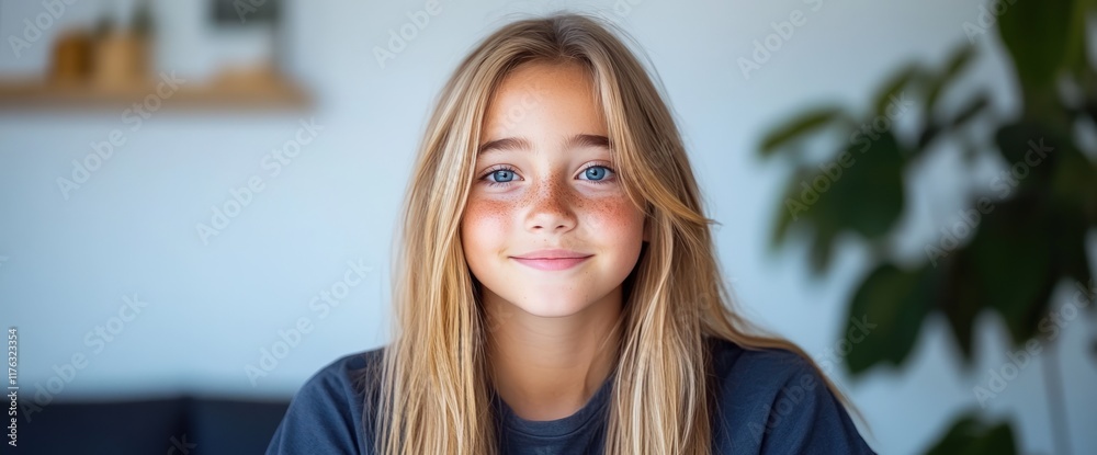 Portrait of a Beautiful Young Girl with Long Blonde Hair and Blue Eyes ...