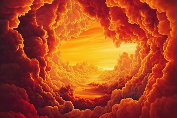 Wall Mural - Fiery sunset viewed from within a swirling mass of orange and red clouds, creating a heavenly portal.