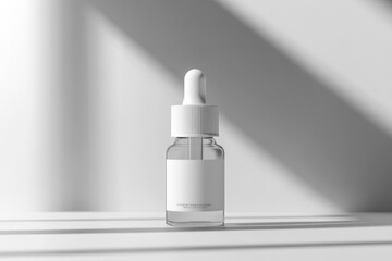 Poster - Clear glass dropper bottle with white label on white background.