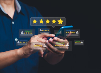 Wall Mural - person using smartphone with holographic five-star customer reviews.