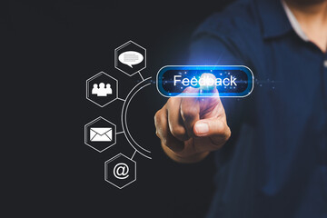Wall Mural - hand interacting with virtual feedback button surrounded by email and messaging icons for online com